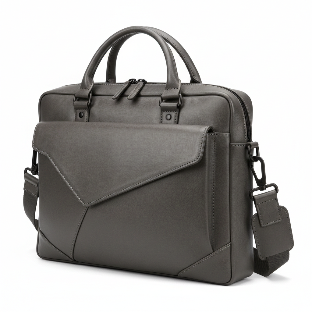 Men's Gunmetal Grey Angular Leather Laptop Briefcase