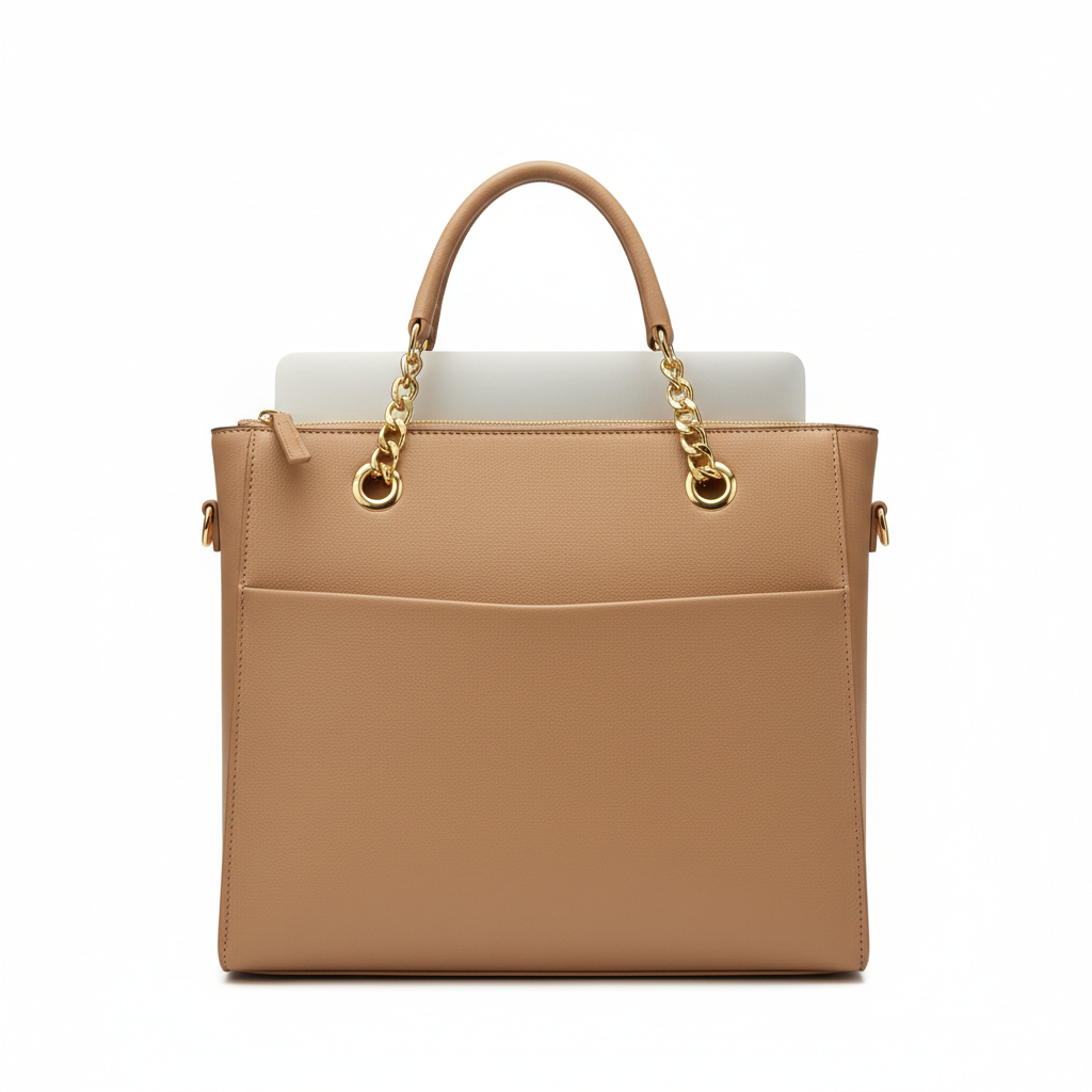 Women's Camel Leather Gold Chain Laptop Tote