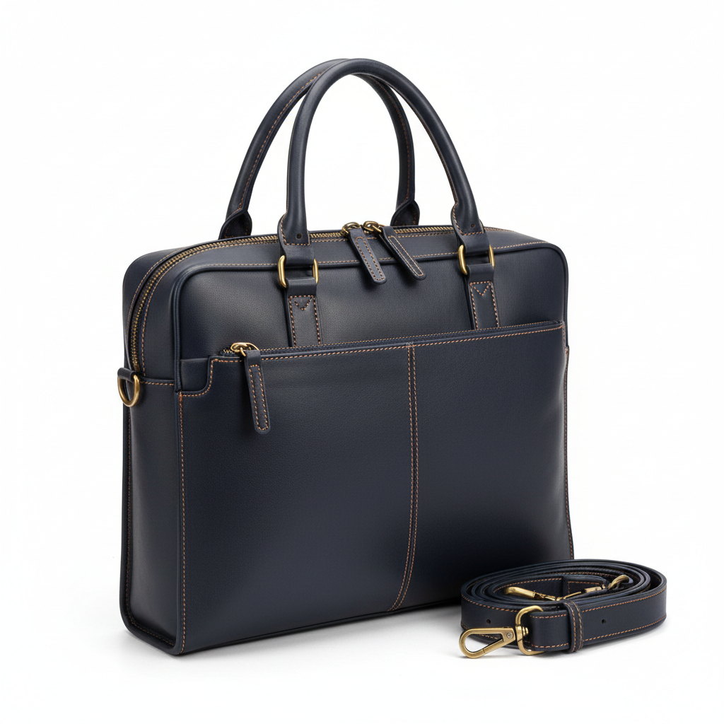 Men's Deep Navy Leather Contrast Stitch Laptop Briefcase