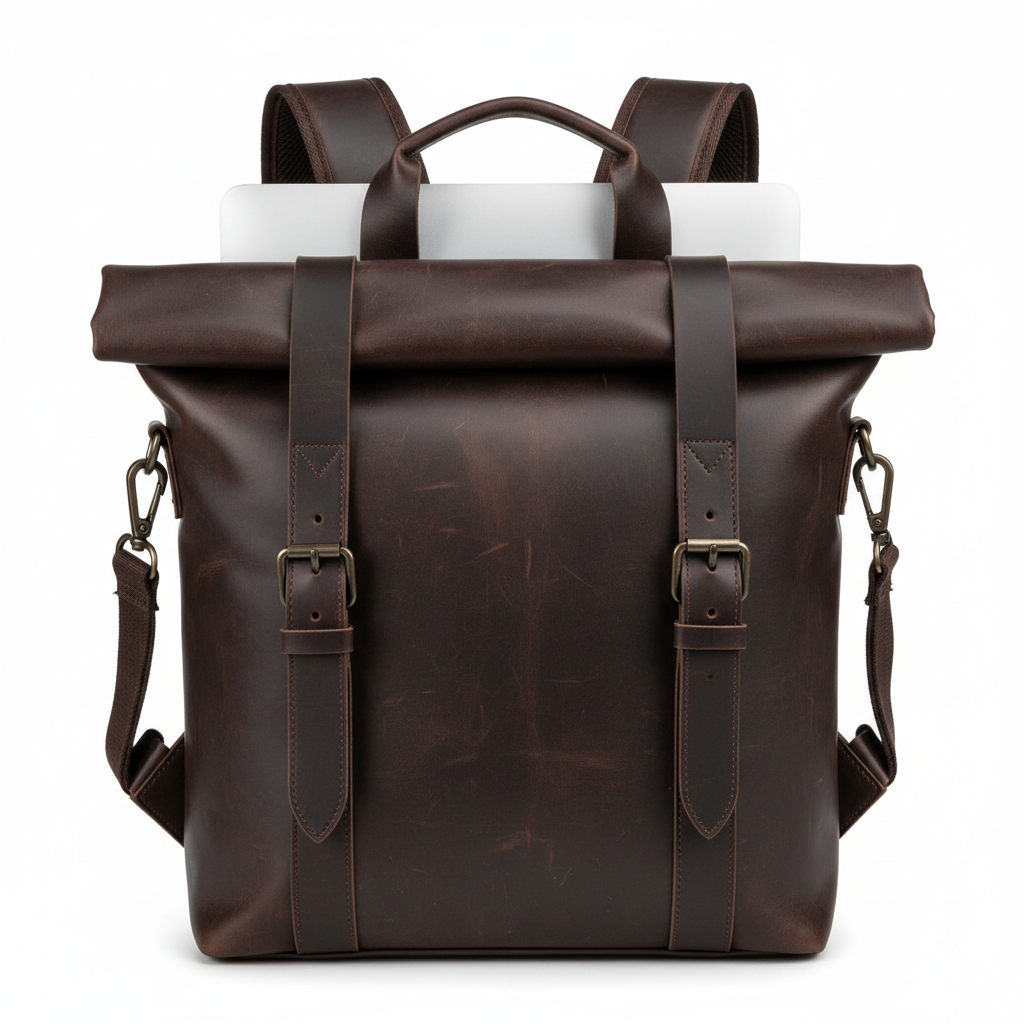 Men's Espresso Brown Leather Roll-Top Laptop Bag