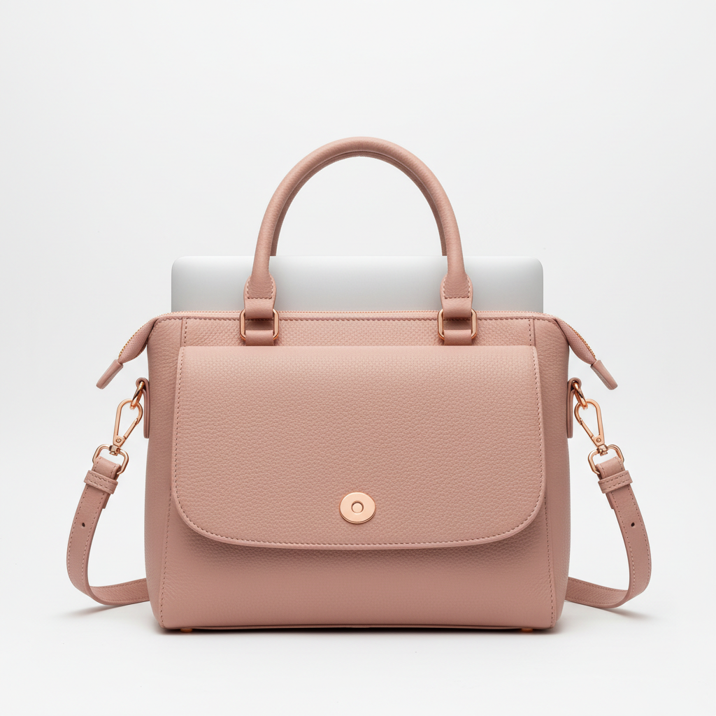Women's Blush Pink Leather Rose Gold Laptop Satchel