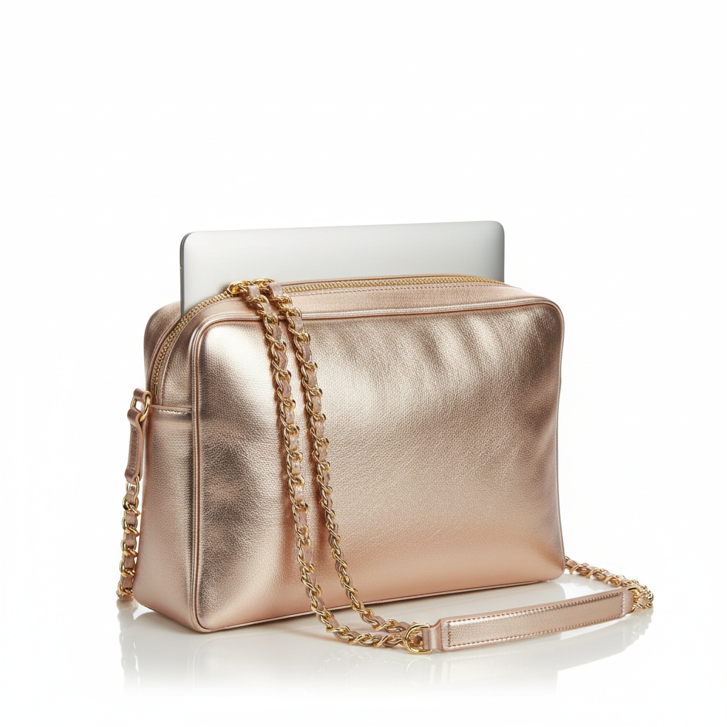 Women's Rose Gold Metallic Leather Glamour Laptop Bag