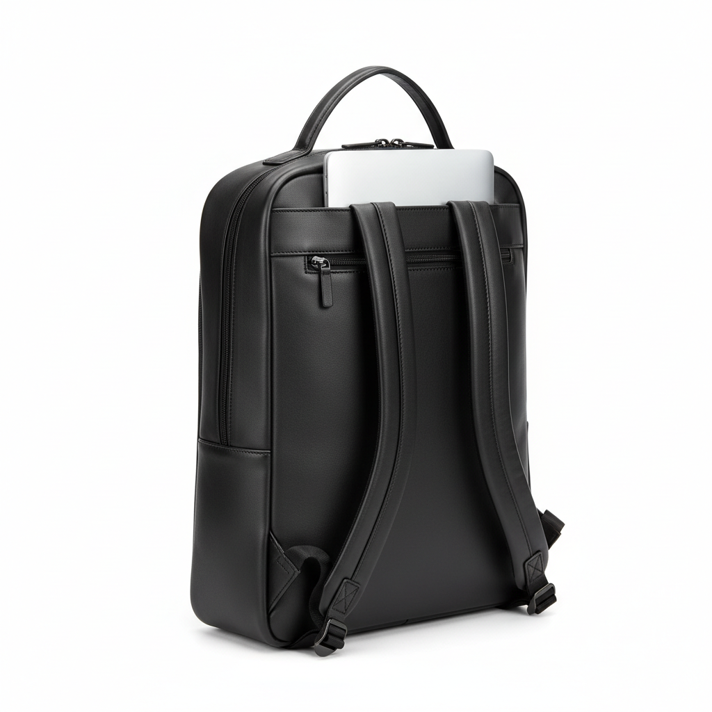 Men's Matte Black Leather Laptop Backpack