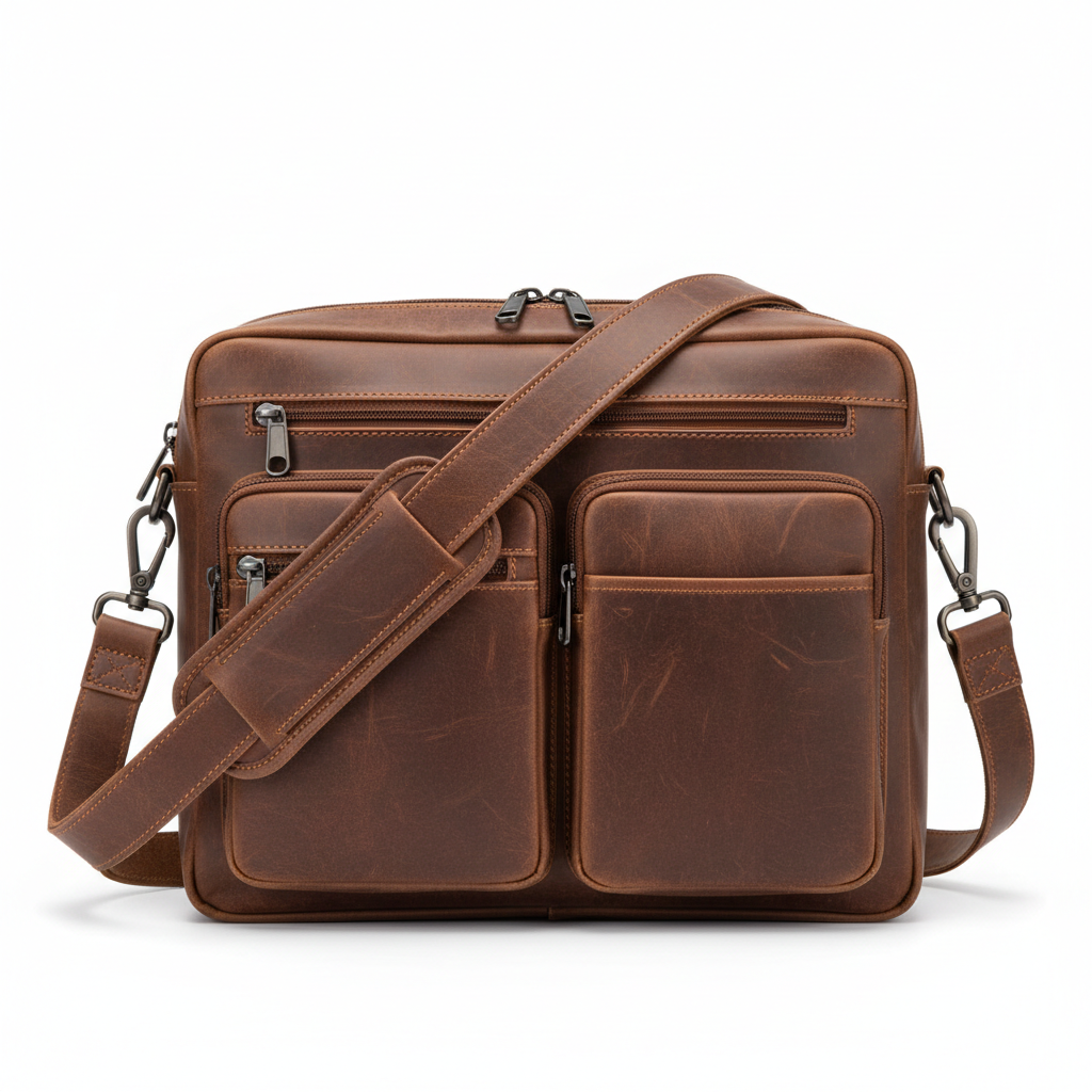 Men's Coffee Brown Waxed Leather Laptop Commuter Bag