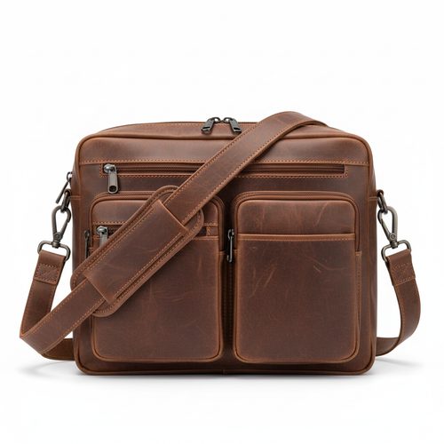 Men's Coffee Brown Waxed Leather Laptop Commuter Bag