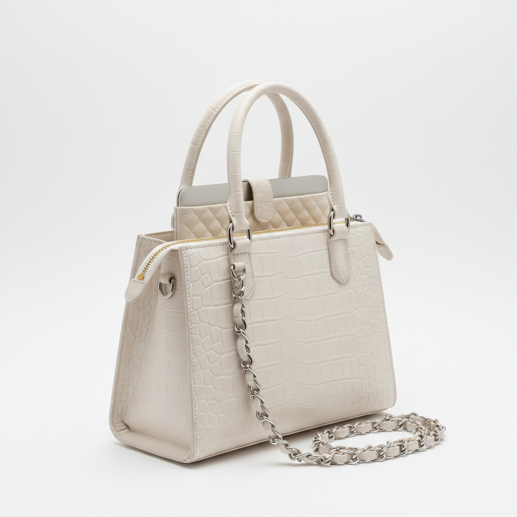 Women's Pearl White Croc Embossed Leather Luxury Laptop Tote
