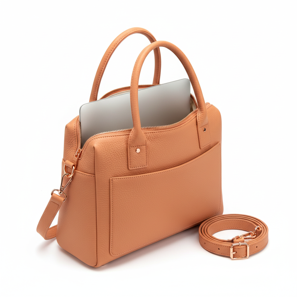 Women's Peach Apricot Leather Rose Gold Laptop Tote