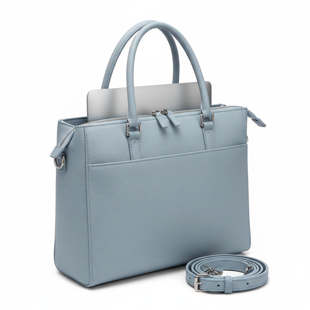 Women's Sky Blue Leather Light Work Laptop Tote